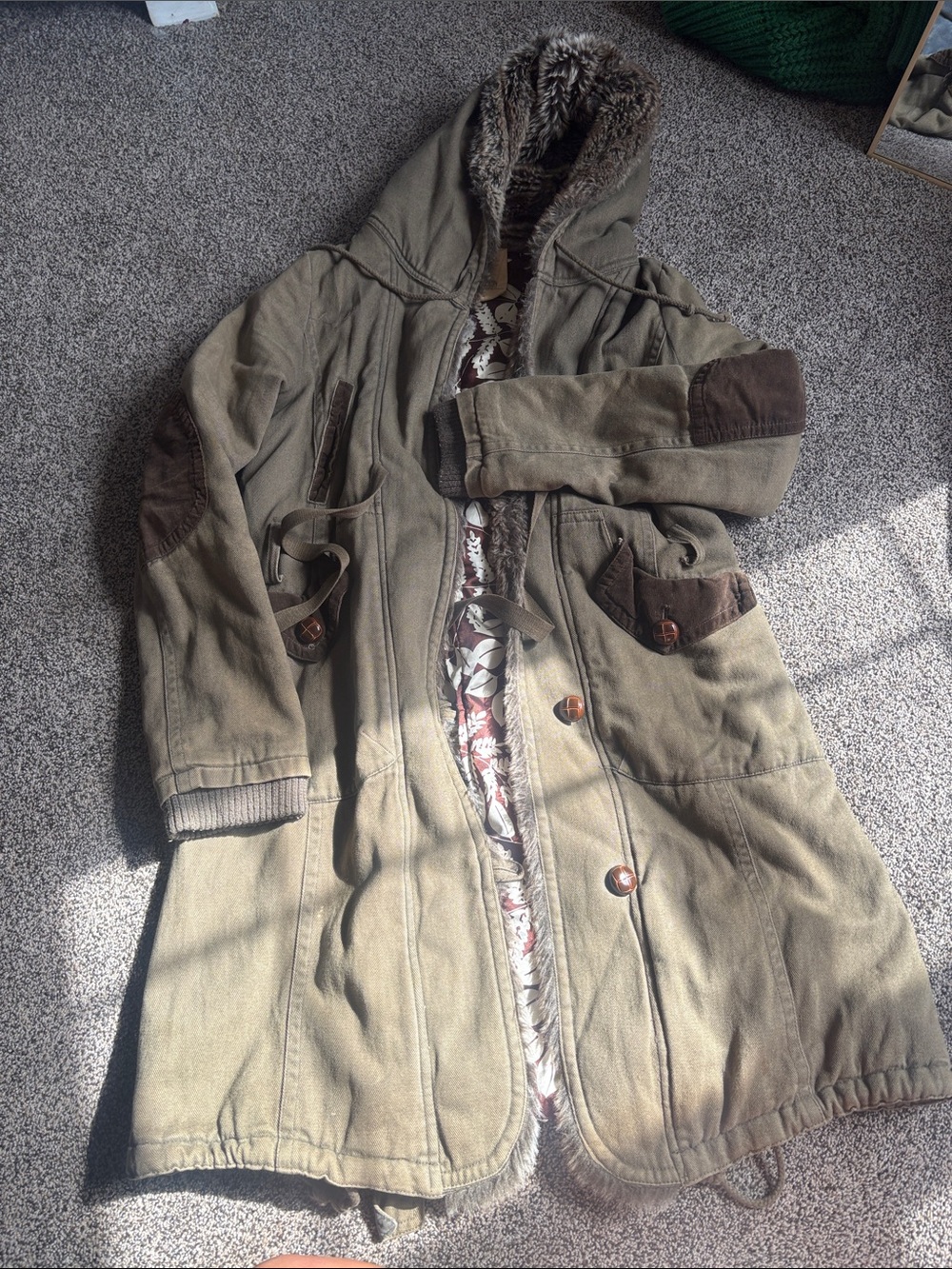 Olive Green Hooded Trench Coat with Faux-Fur Lining